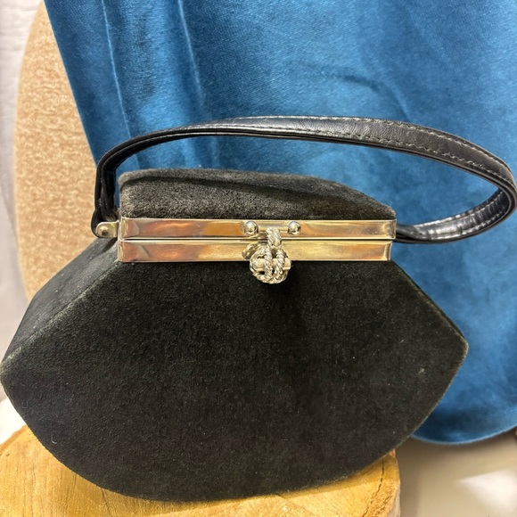Handbags - Elegant Small Black Suede Handbag with Silver Accents